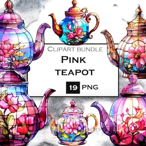 Könnte beinhalten: Ein Set mit 19 digitalen Clipart-Bildern von rosa Teekannen mit Blumendesigns. Die Teekannen sind im Bleiglas-Stil mit verschiedenen Blumenmustern gehalten.