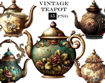 Vintage Teekanne Clipart, Tee Zeit Clipart, Teetasse PNG, kommerzielle Nutzung, sofortiger digitaler Download