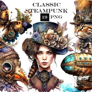 Steampunk Clipart Bundle Watercolor Clipart Fantasy PNG Commercial Use Instant Digital Download