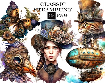 Steampunk Clipart Bundle Watercolor Clipart Fantasy PNG Commercial Use Instant Digital Download