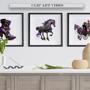 May include: Three framed illustrations with a steampunk theme. The first illustration shows a purple and silver boot with gears. The second illustration shows a purple and silver horse with gears. The third illustration shows a purple and silver horse-drawn carriage with gears.