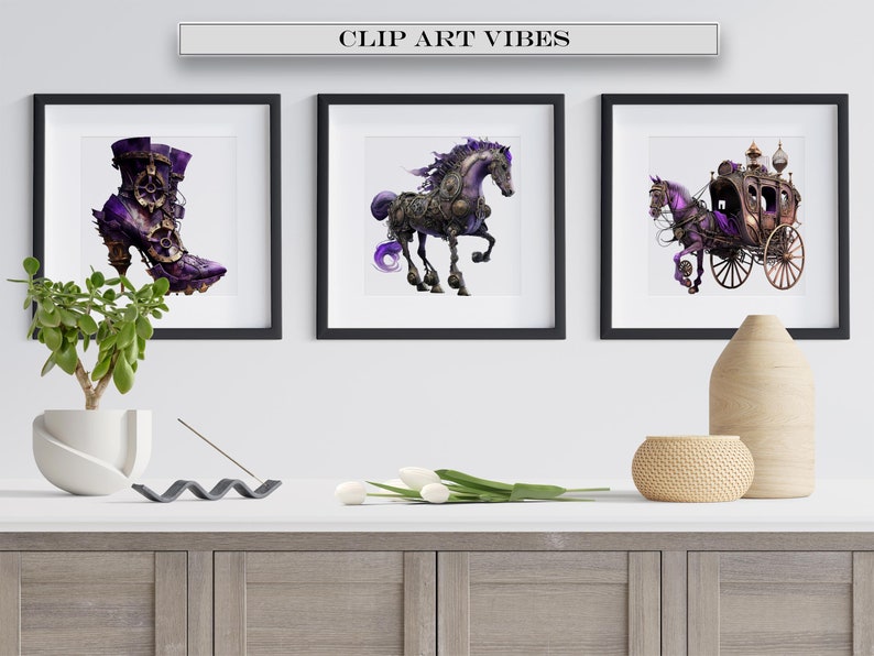 May include: Three framed illustrations with a steampunk theme. The first illustration shows a purple and silver boot with gears. The second illustration shows a purple and silver horse with gears. The third illustration shows a purple and silver horse-drawn carriage with gears.