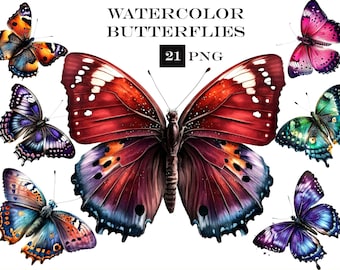 Acuarela Mariposas ClipArt, Mariposa PNG, Imágenes Prediseñadas de Mariposa Colorida, Uso Comercial, Descarga Digital Instantánea