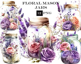 Floral Mason Jar ClipArt, Watercolor Jar PNG, Romantic Flower Clipart, Floral PNG, Commercial Use, Instant Digital Download