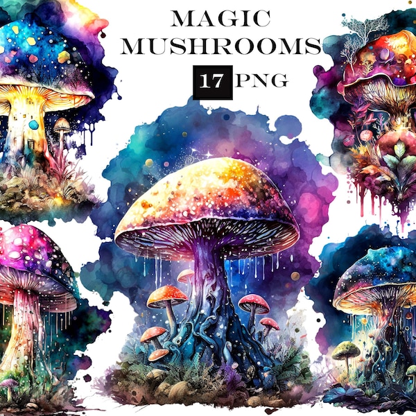 Lot de 17 cliparts sublimation de champignons PNG, aquarelle de champignons PNG, champignons magiques, galaxie PNG, usage commercial, fond Transparent