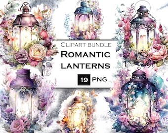 Watercolor Lanterns Clipart: Romantic Floral PNG Bundle (Digital Download)