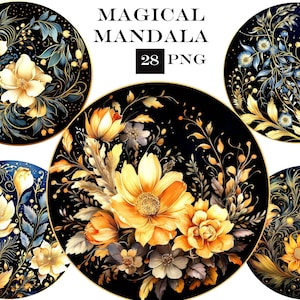 Flower Mandala aquarel clipart bundel, Fantasy clip art PNG-bestanden met transparante achtergrond voor ongewenste tijdschriften en scrapbooking