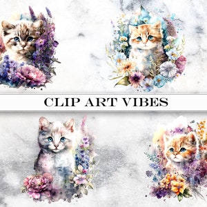 Watercolor Kitten Clipart, Animal PNG, Cute Floral Cat Clipart Bundle ...