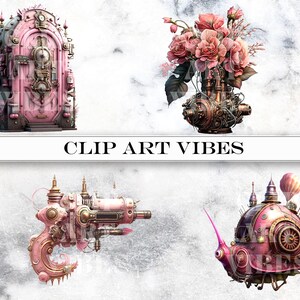 4 Steampunk Clipart Bundle: Victorian Watercolor Fantasy, Instant Digital Download PNG