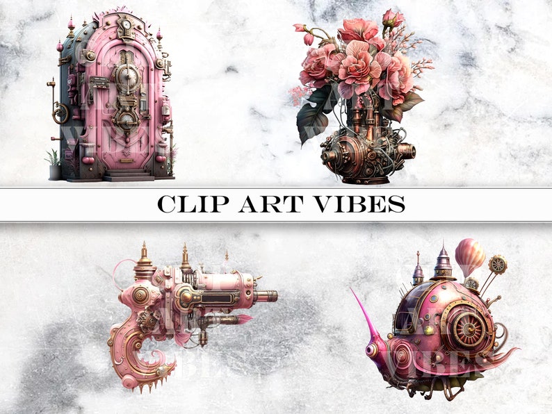 4 Steampunk Clipart Bundle: Victorian Watercolor Fantasy, Instant Digital Download PNG