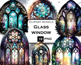 Glasfenster ClipArt, Aquarell Fenster PNG, Fantasy Fenster Clipart Bundle, Landschaft PNG, kommerzielle Nutzung, sofortiger digitaler Download