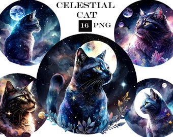 Cat Clipart Bundle, Celestial Clipart, Cat PNG Commercial Use, Instant Digital Download