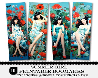 10 Summer Girl Printable Bookmarks, Digital Bookmark Sheets, PNG Bookmark Set for Book Lovers