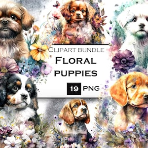 Acuarela Cachorros ClipArt, Animal PNG, Lindo Paquete de Imágenes Prediseñadas de Perro Floral, Perro PNG, Descarga Digital Instantánea