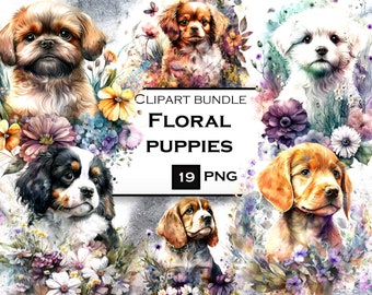 Watercolor Puppies ClipArt, Animal PNG, Cute Floral Dog Clipart Bundle, Dog PNG, Instant Digital Download