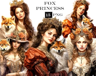 Victorian Fox Princess Clipart: 15 PNG Ephemera Graphics (Digital Download)