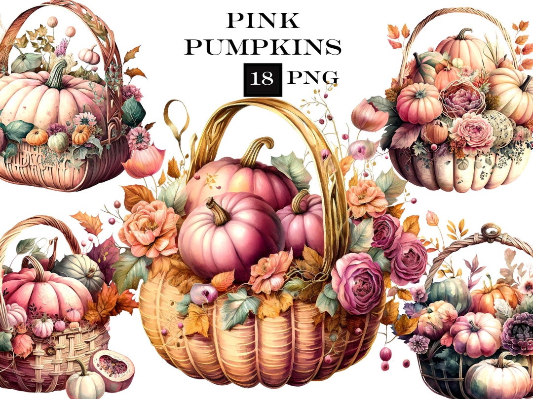 Pink Pumpkin Clipart Bundle: Watercolor Farmhouse PNG (digital Download ...