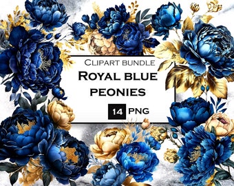Blue Peony Clipart, Floral Clipart, Watercolor Peonies, Wedding Clipart, Commercial Use, Instant Digital Download