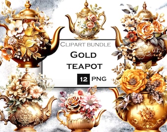 12 PNG Floral Teapot Clipart Bundle, Watercolor Tea Party Clip Art, Tea Party SVG, Spring Clipart, Transparent Background