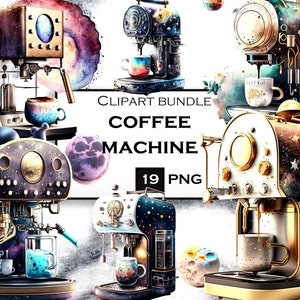 Watercolor Coffee Clip Art, Coffee Machine Coffee Cup Clipart Bundle, Coffee Mug PNG, Commercial Use, Instant Digital Download
