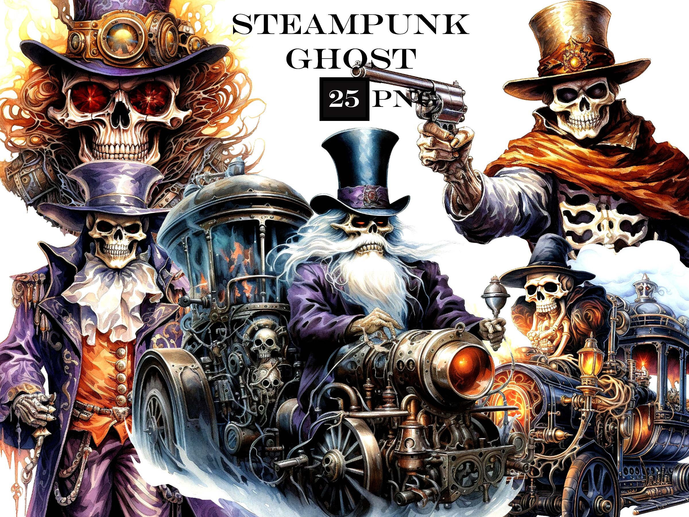 Steampunk Ghost Clipart: Halloween Witch PNG Bundle (Digital Download)