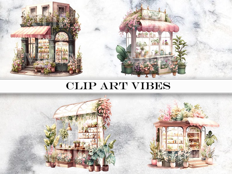 lower Shop Clip Art, Watercolor Shop Clip Art Bundle, Romantic Flower Shop Clipart, Floral PNG, Commercial Use, Instant Digital Download
