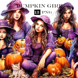 Paarse schattige Halloween PNG clipart bundel van Pumpkin Fall Girl voor leuke en griezelige Halloween-ambachten