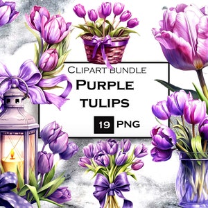 Pacchetto clipart tulipano viola, fiori ad acquerello PNG, tulipano SVG, pacchetto clipart primaverile in formato PNG con sfondo trasparente