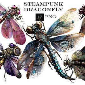 Steampunk Butterflies Clipart, Watercolor Steampunk PNG, Dragonfly Clipart Bundle, Butterflies PNG, Commercial Use, Instant Digital Download