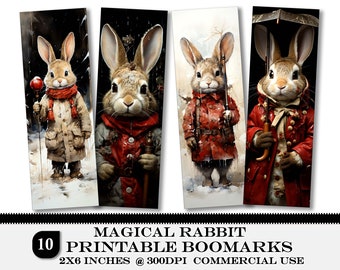 Söta kaninutskrivbara bokmärken, digitala fantasy-bokmärkesark, kanin-PNG-bokmärkesset för bokälskare