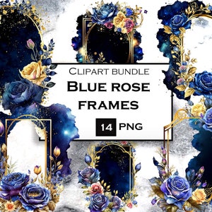 Royal Blue Roses ClipArt, aquarel bloemen frame, frames clipart bundel, gouden frame PNG, commercieel gebruik, instant digitale download