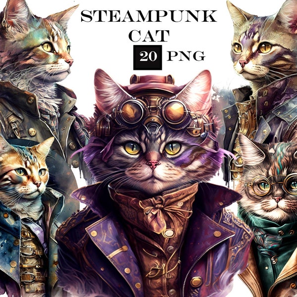 20 Steampunk Cat clipart, Watercolor Steampunk PNG, Victorian Clipart Bundle, Cat PNG, Commercial Use, Instant Digital Download