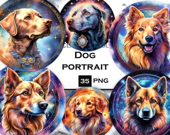 犬種のクリップアートバンドル：35枚のPNG水彩画ポートレート（デジタルダウンロード）