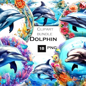 Ensemble de 18 cliparts dauphins PNG, ensemble de cliparts dauphins PNG, clipart océan avec arrière-plan transparent pour usage commercial