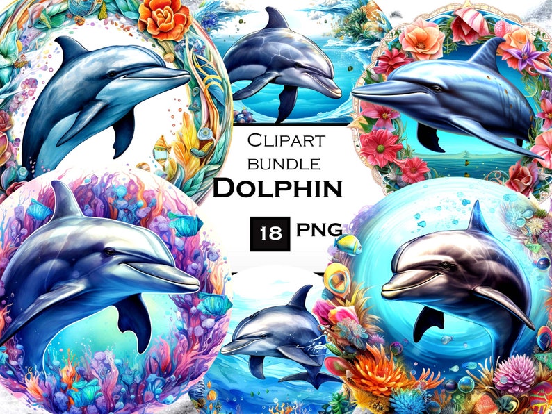 8 PNG Dolphin Clipart Bundle, Dolphin PNG Bundle, Ocean Clipart with Transparent Background for Commercial Use