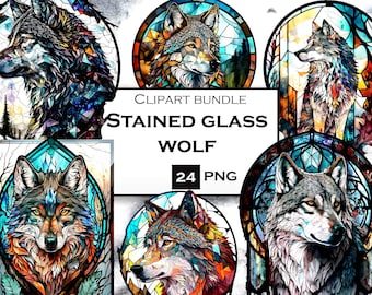 Pode incluir: Um pacote de clip art digital com seis desenhos de lobos em vitrais. Cada lobo é retratado em uma pose única, com cores vibrantes e detalhes intrincados. O texto "STAINED GLASS WOLF 24 PNG" é exibido.