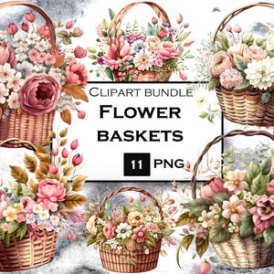 Peut inclure: Un ensemble de 11 images clipart numériques de paniers de fleurs. Les paniers sont tissés et remplis de fleurs roses, blanches et jaunes. Les images sont parfaites pour l'artisanat, le scrapbooking et autres projets créatifs.