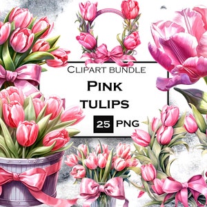 Roze tulp clipart bundel, aquarel bloemen PNG, tulp SVG, lente clipart bundel in PNG-formaat met transparante achtergrond