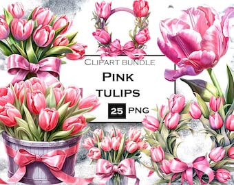 Pink Tulip Clipart Bundle, Watercolor Flowers PNG, Tulip SVG, Spring Clipart Bundle in PNG Formart with Transparent Background