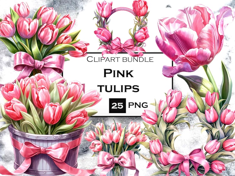 Pink Tulip Clipart Bundle, Watercolor Flowers PNG, Tulip SVG, Spring ...