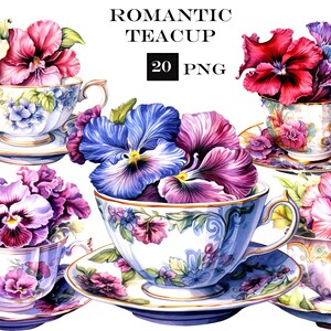 Puede incluir: Cinco ilustraciones de acuarela de tazas de té con arreglos florales. Cada taza de té está decorada con un patrón floral diferente. Las flores son pensamientos y anémones en tonos de rosa, morado, azul y rojo.
