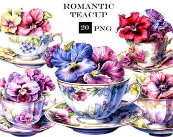 Imágenes prediseñadas de taza de té con flores, imágenes prediseñadas de la hora del té, paquete de imágenes prediseñadas de la fiesta del té para Junk Journal, PNG vintage, uso comercial, fondo transparente