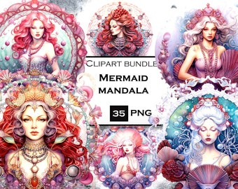 Paquete de 35 imágenes prediseñadas de sirenas: Gráficos PNG de acuarela (descarga digital)