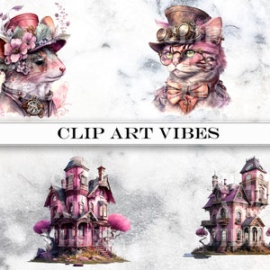 4 Steampunk Clipart Bundle: Victorian Watercolor Fantasy, Instant Digital Download PNG