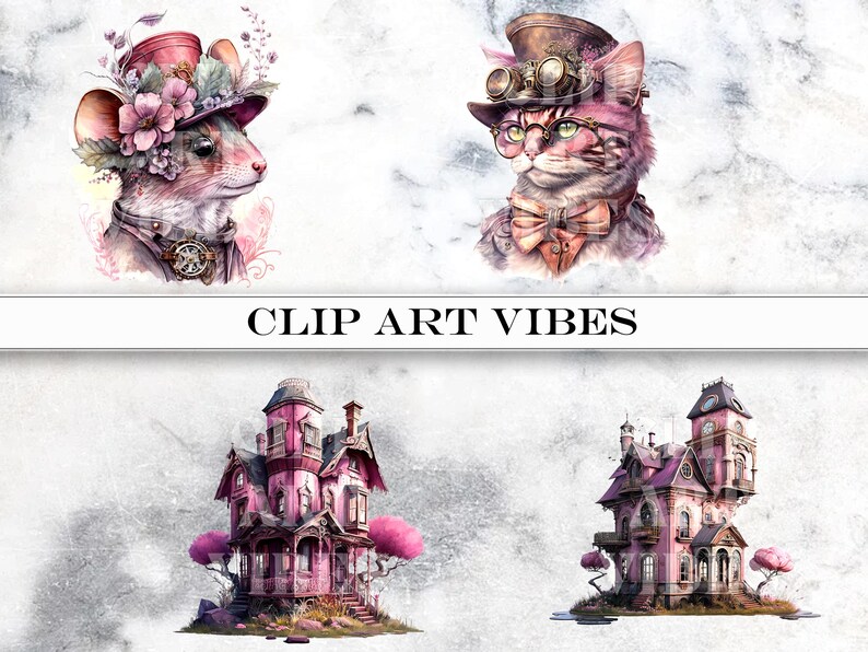 4 Steampunk Clipart Bundle: Victorian Watercolor Fantasy, Instant Digital Download PNG