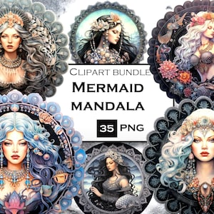 Lot de 35 cliparts sirène PNG, sirène SVG, fichiers PNG sous-marins Clip Art avec un fond transparent pour les journaux indésirables et le scrapbooking