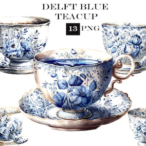 Delft Blue Teacup ClipArt, Teacup SVG, Tea party SVG, PNG vintage, Uso commerciale, Download digitale istantaneo