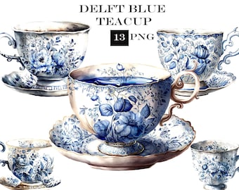 Delft Blue Teacup ClipArt, Teacup SVG, Tea party SVG, Vintage PNG, Commercial Use, Instant Digital Download