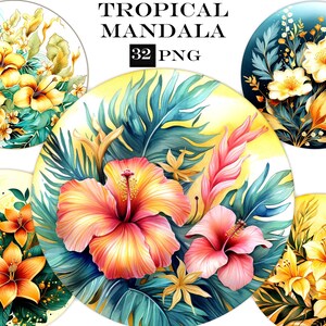 Tropical Flower Mandala Clipart: 32 PNG Watercolor Floral Bundle (Digital Download)