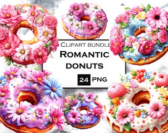 Floral Donut Clipart Bundle: 24 PNG Dessert Graphics (Digital Download)